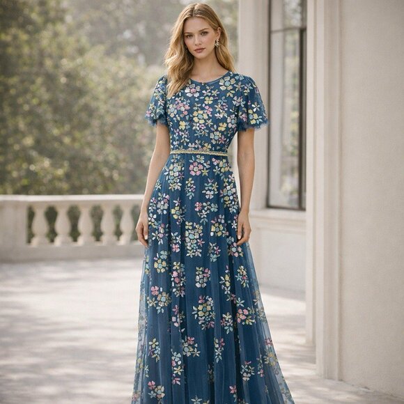 Rare Mac Duggal Size 2 Blue Floral Embellished Flutter Sleeve Formal Gown Dress